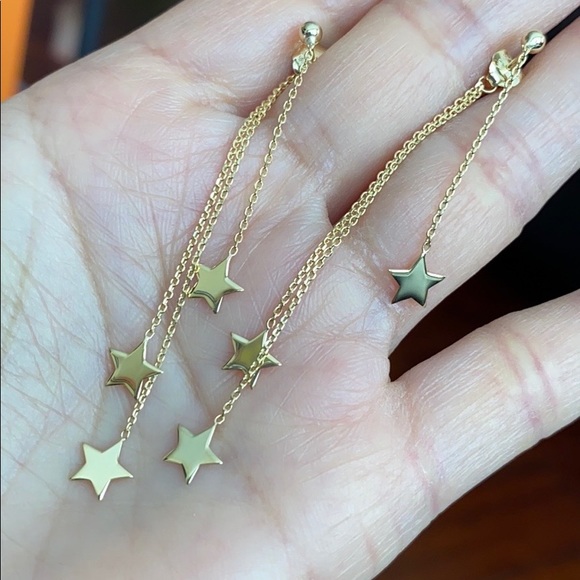 14K Solid Gold Triple Strand Dangle Stars Earrings - Picture 4 of 6